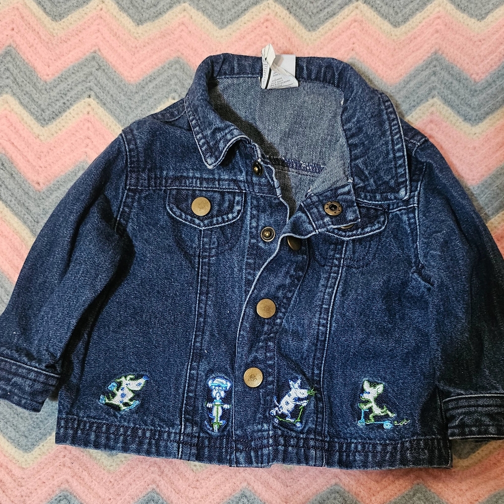 Blue Jean Jacket with Embroidered Designs and Classic Styling